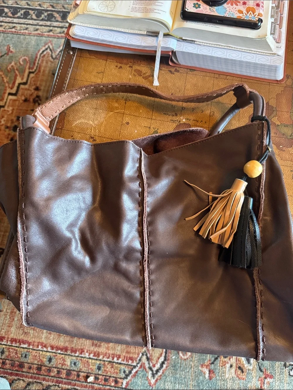 The Sak Dark Brown Shoulder Tote with Tan Handle and Tassel - Picture 4 of 6